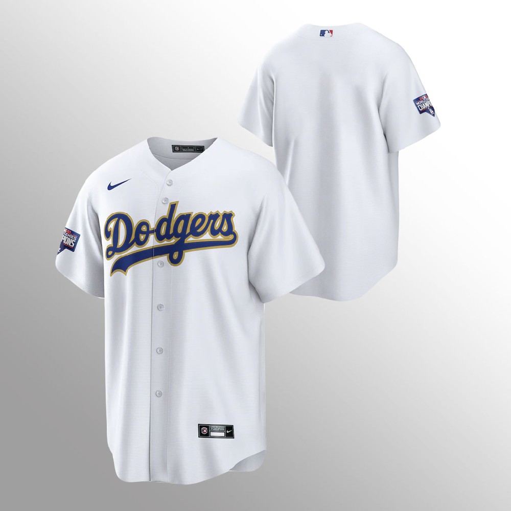 Men's Los Angeles Dodgers White MLB Champions Patch Gold Program Cool Base Sttiched Jersey